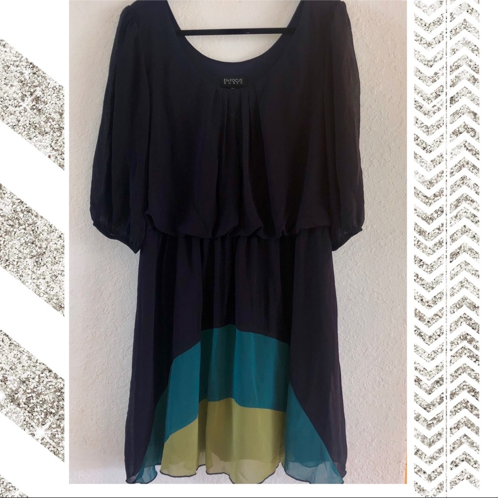 Enfocus Women 3/4 Navy, Teal, & Lime Dress 16